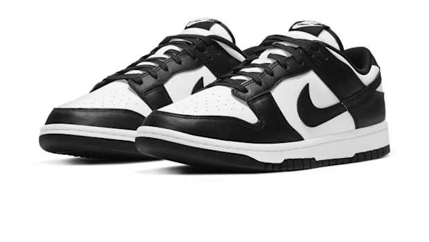 View of black and white Nike Dunk shoes.